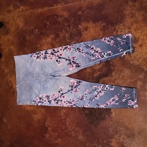 Evolution And Creation, Small, Cherry Blossom Print on Blue Gray Leggings